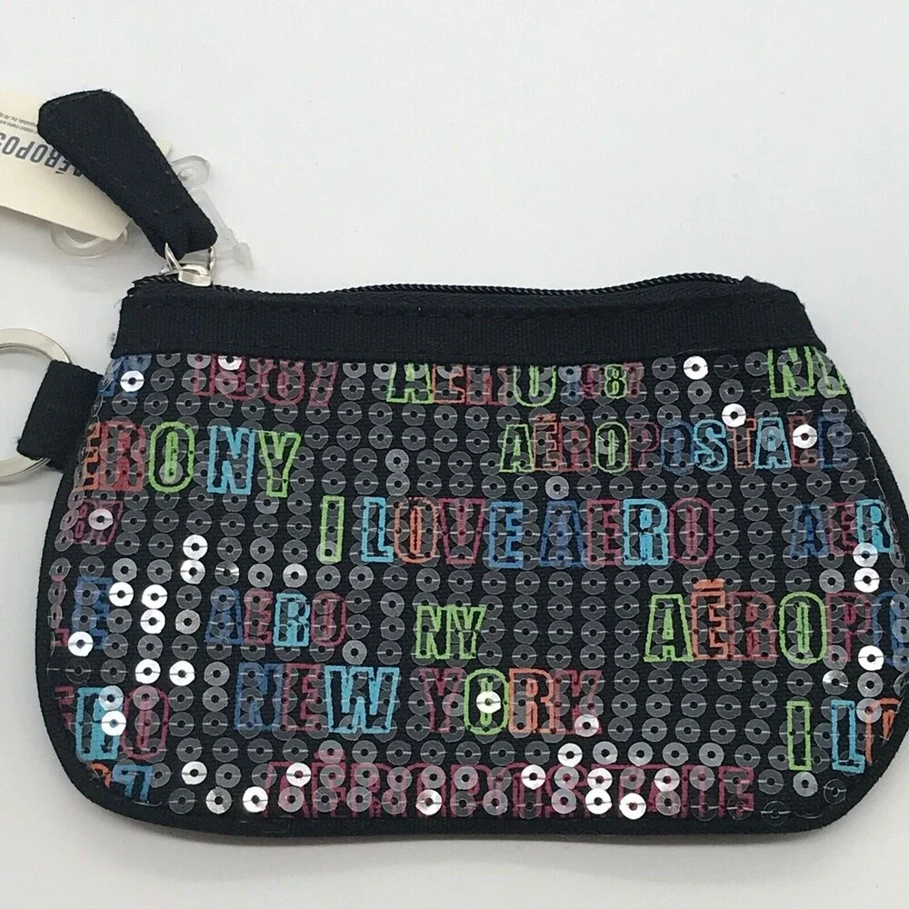 Aéropostale Makeup Bag Black Sequined I Love Aero Zippered Cosmetic Pouch NWT